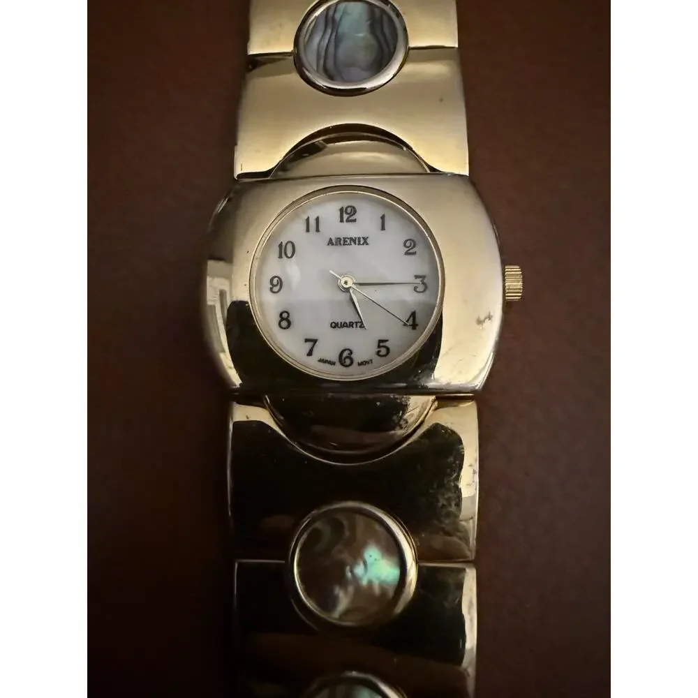 VTG ARENIX Gold Mother Of Pearl Retro Mod Watch NEEDS BATTERY